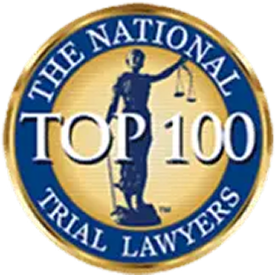 Gold and blue circular badge with Lady Justice figure, reading “The National Top 100 Trial Lawyers”