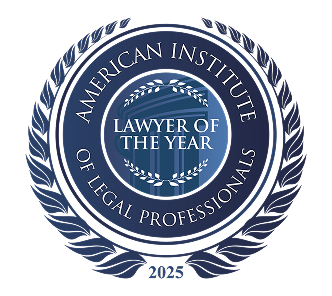 Blue circular award badge with laurel wreath border and courthouse column icon, reading “American Institute of Legal Professionals – Lawyer of the Year – 2025”