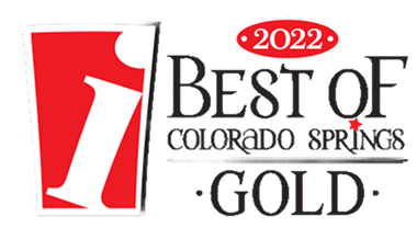Award graphic with a red “#1” icon and text “2022 Best of Colorado Springs – Gold,” indicating a top local recognition