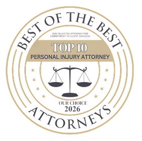 Circular award seal with scales of justice icon and text “Best of the Best Attorneys – Top 10 Personal Injury Attorney, Our Choice 2026”