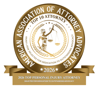Gold circular award badge with Lady Justice illustration and text “American Association of Attorney Advocates – Top 10 Attorney, 2026,” with ribbon noting “Top Personal Injury Attorney”
