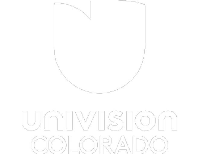 White Univision Colorado logo with shield-shaped emblem above the text, on a transparent background
