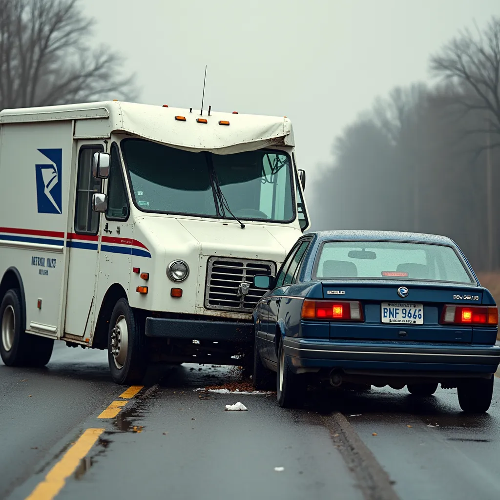 A collision between a US mail truck and a blue sedan on a roadway.