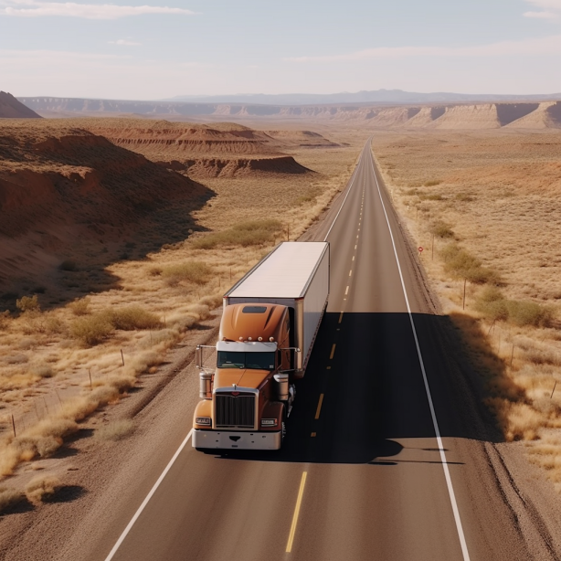 A lone tractor-trailer truck travels down an empty American highways