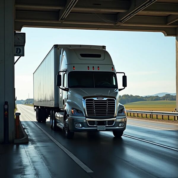 a white semi-truck under an overpass