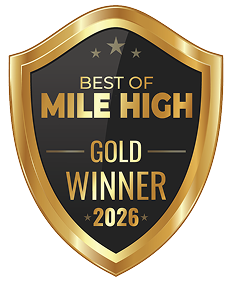 Black and gold shield-style “Best of Mile High – Gold Winner 2026” award badge with gold border and stars on a transparent background